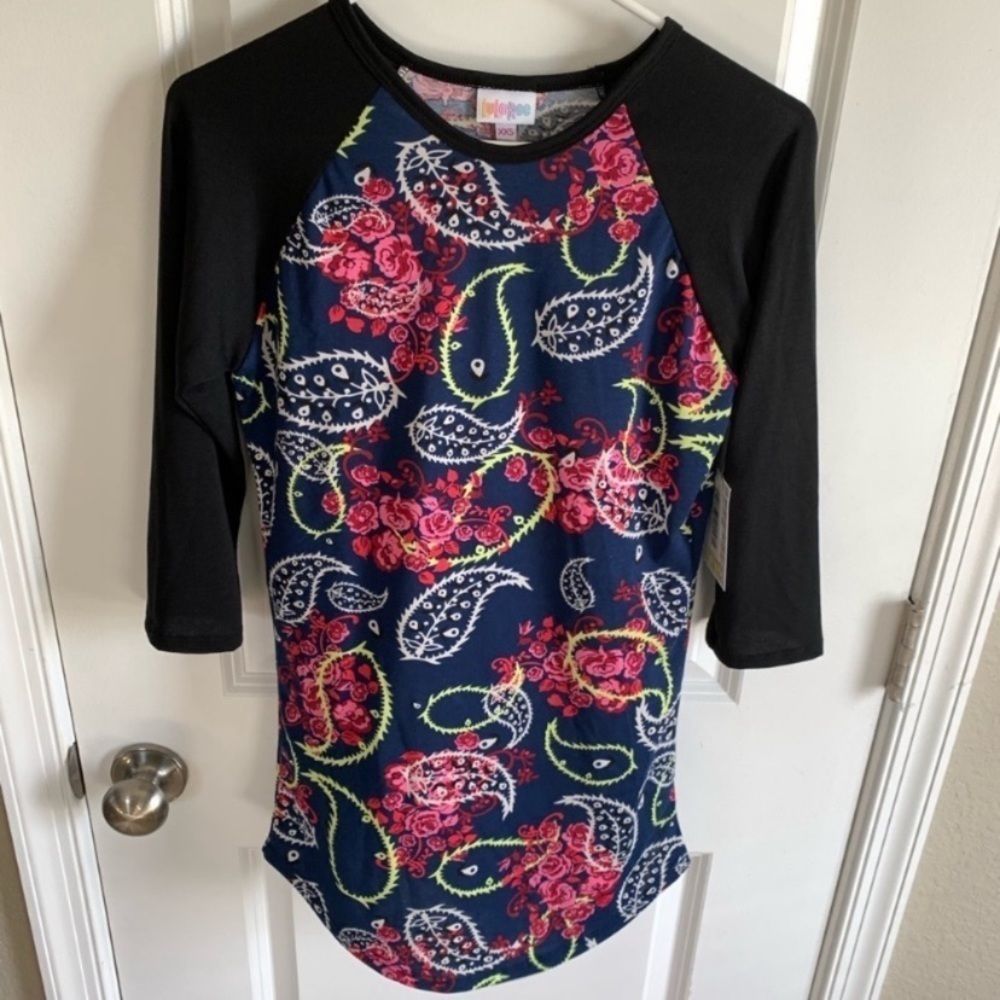 NWT LuLaRoe Black and Navy Randy Shirt w/Pretty Floral Design, Size XXS